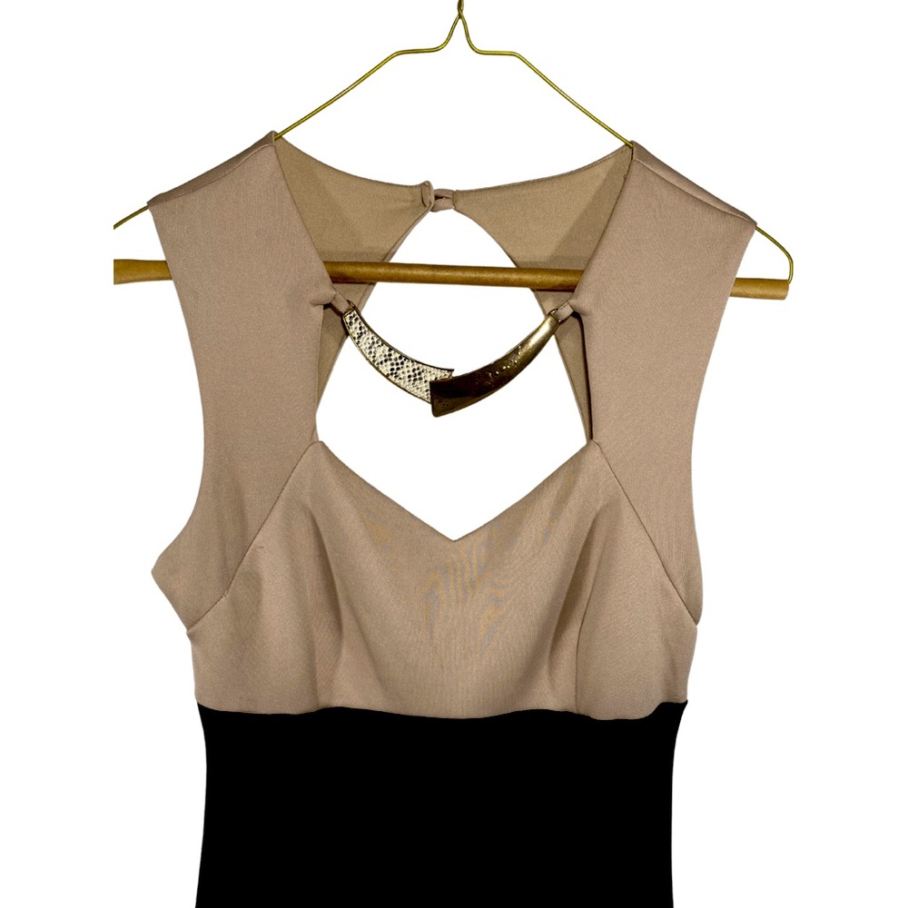 Long Black and Tan Formal Dress with Attached Necklace